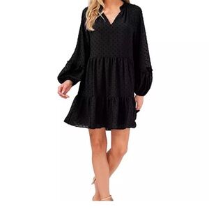 NWT CeCe Black v neck Tiered long sleeve baby doli dress size M